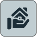 Hand holding house icon on gray background.
